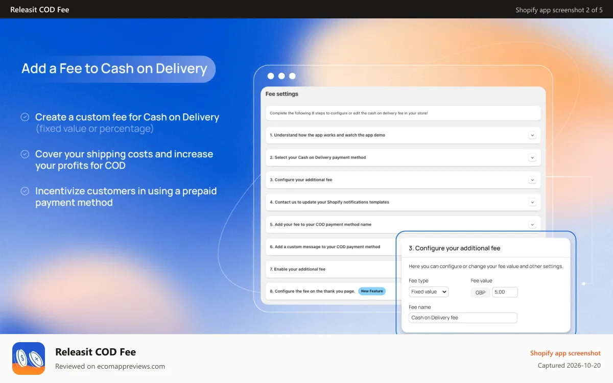 Releasit COD Fee Shopify app screenshot: Add a Fee to Your Cash On Delivery Orders