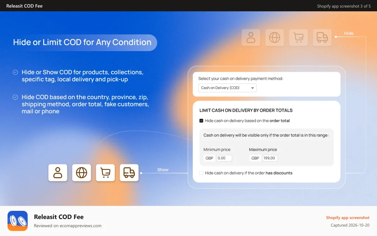 Releasit COD Fee Shopify app screenshot: Limit Cash on Delivery (COD) based on any condition