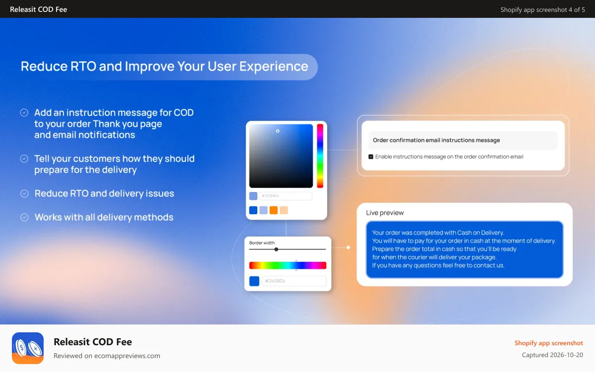 Releasit COD Fee Shopify app screenshot: Reduce RTO and improve customer experience