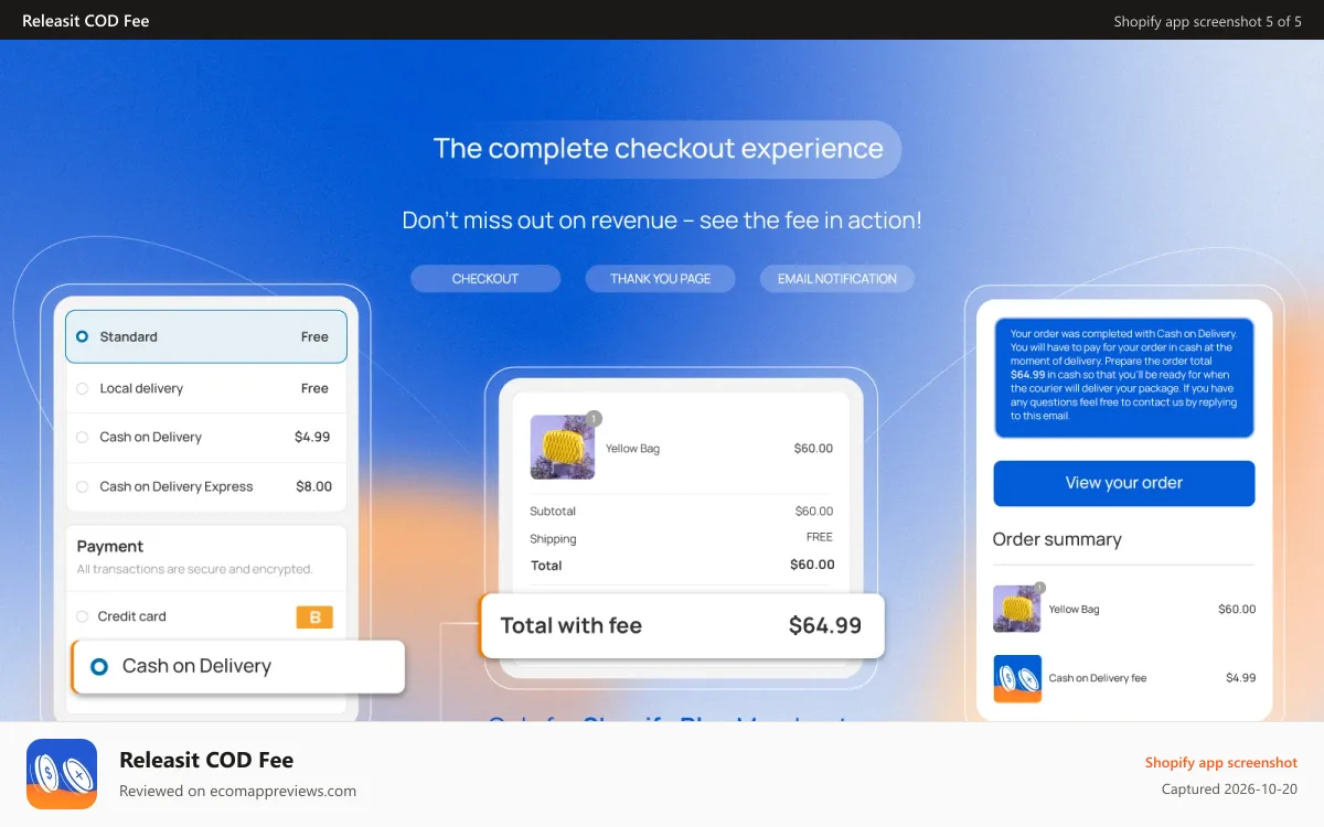 Releasit COD Fee Shopify app screenshot: Seamless experience for your customers during the purchase