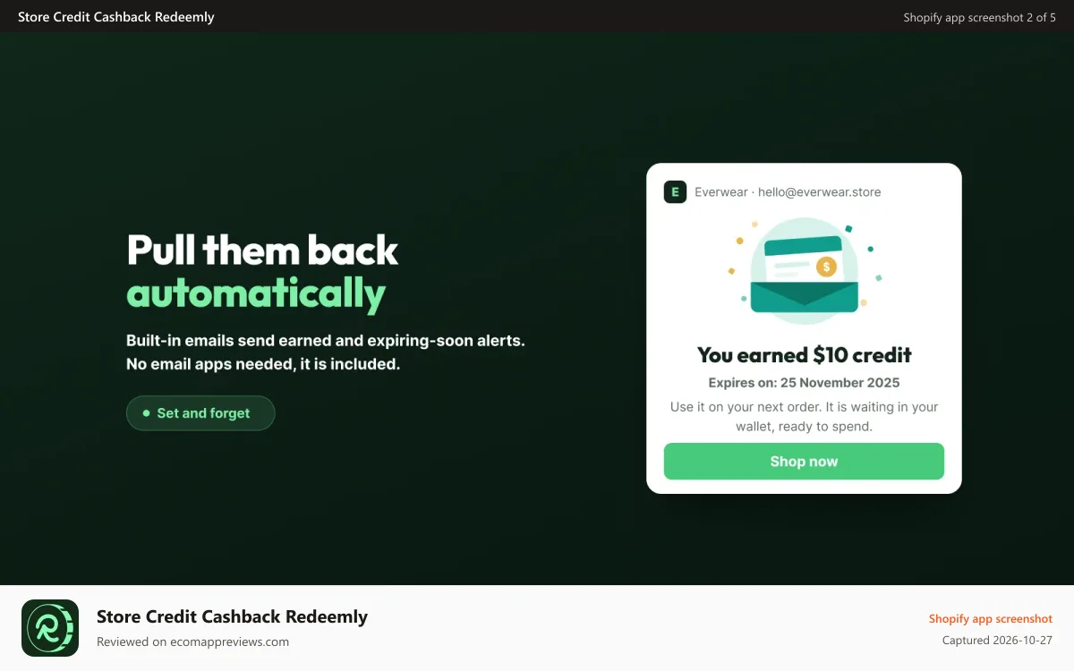 Store Credit Cashback Redeemly Shopify app screenshot: Built in email notifications for store credit