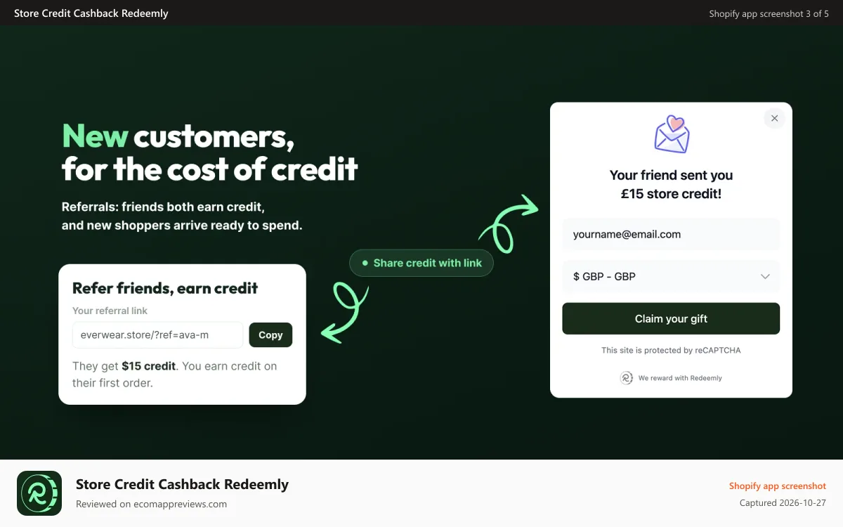 Store Credit Cashback Redeemly Shopify app screenshot: Referrals rewarded with store credit