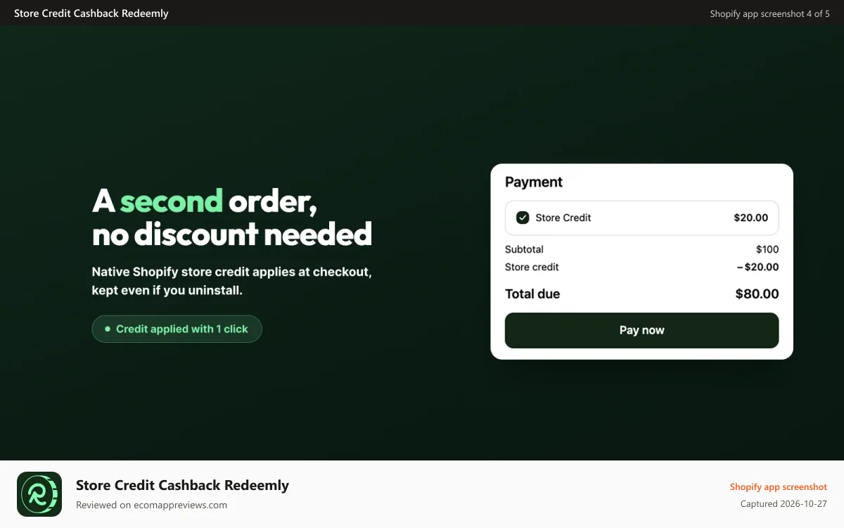 Store Credit Cashback Redeemly Shopify app screenshot: Customers redeem store credit at checkout