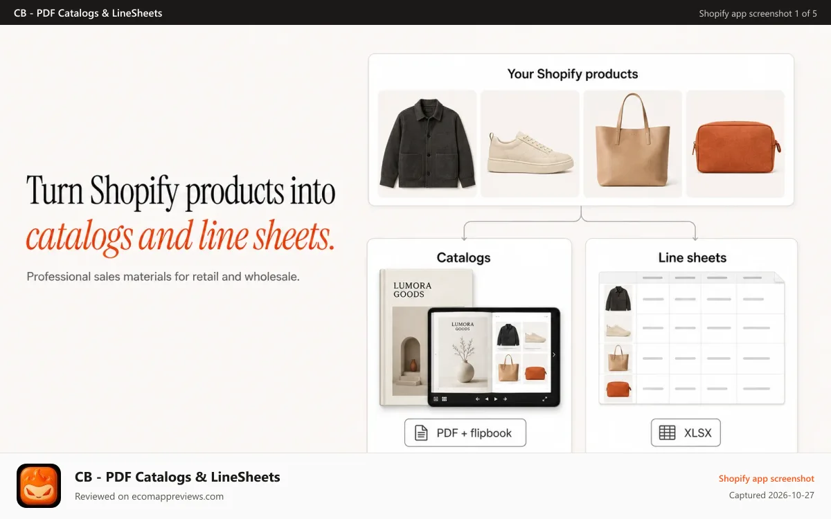 CB ‑ PDF Catalogs & LineSheets Shopify app screenshot: Turn Shopify products into catalogs and line sheets
