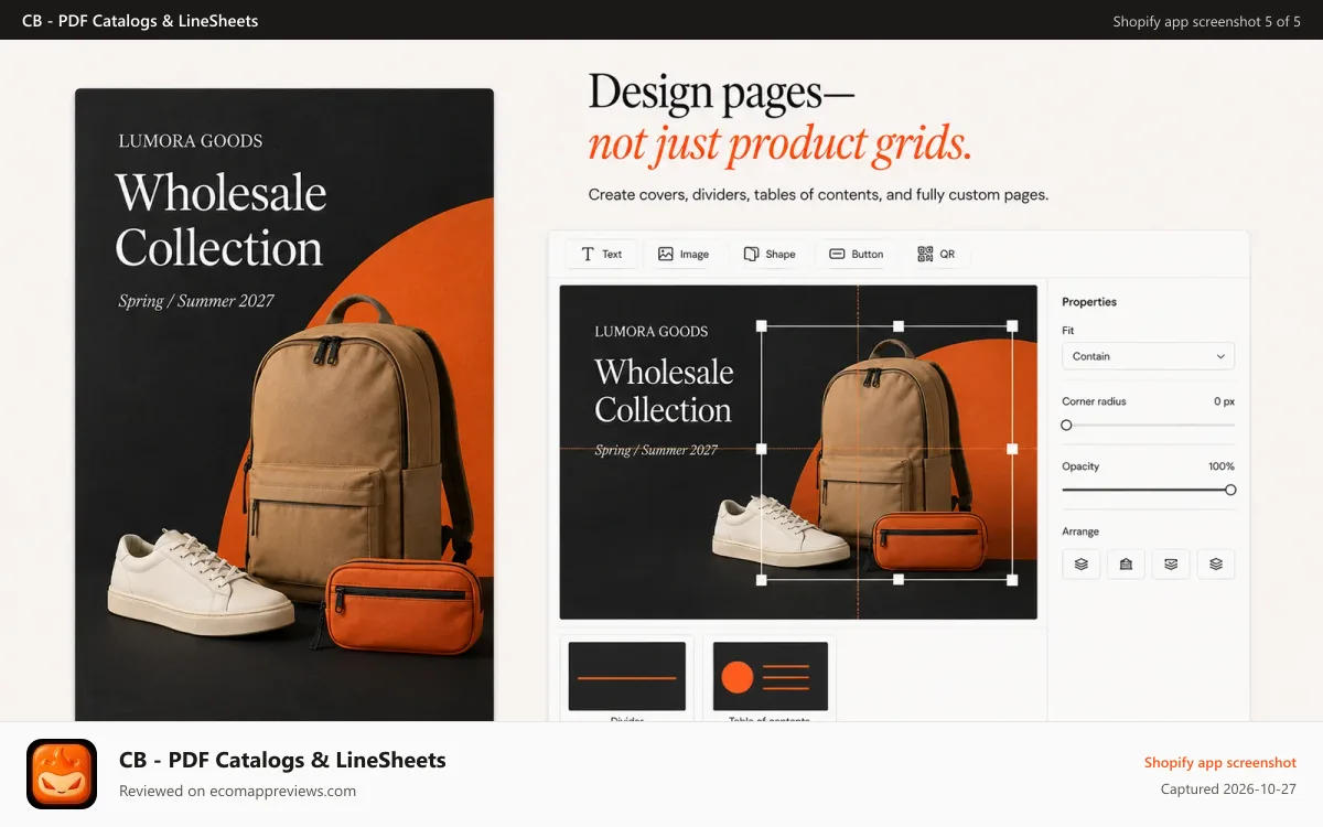CB ‑ PDF Catalogs & LineSheets Shopify app screenshot: Designed for complex catalogs.