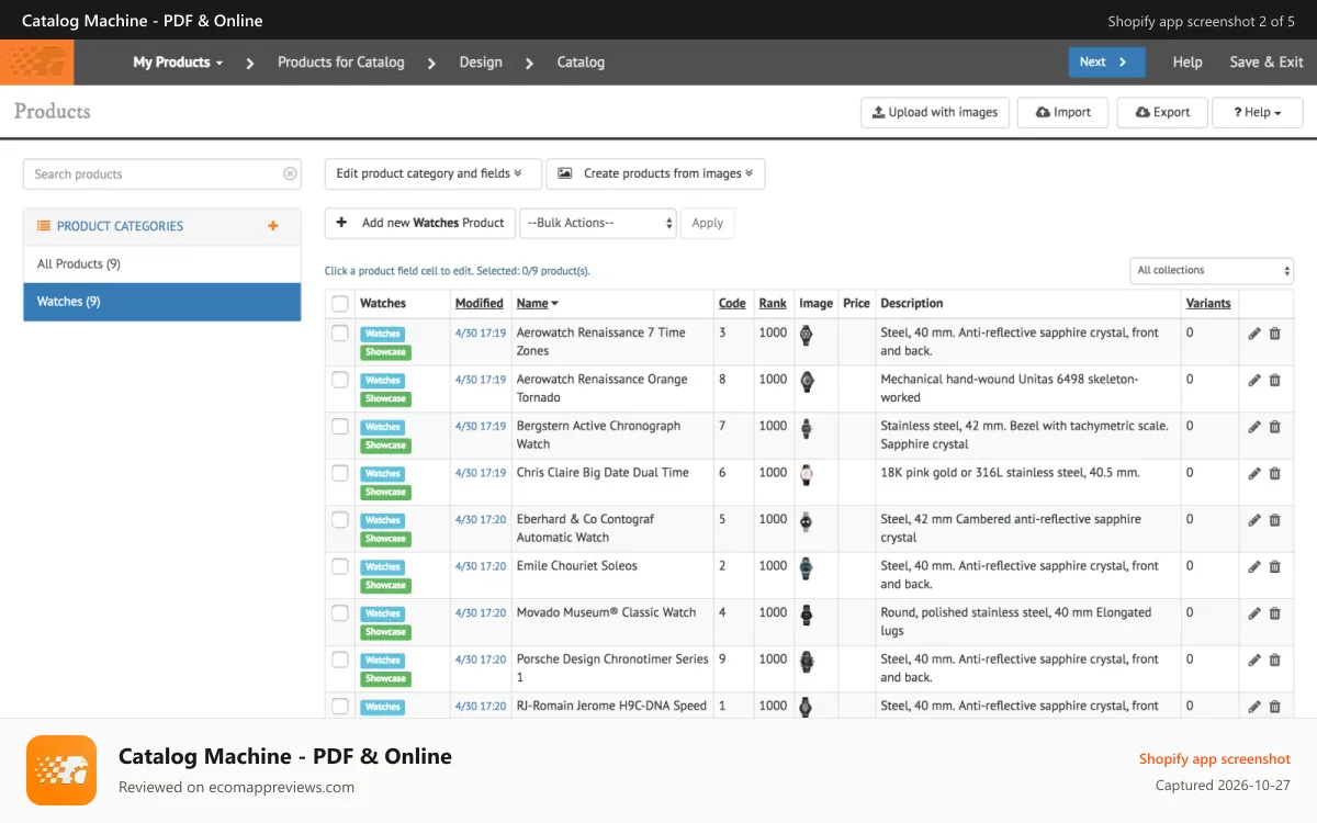 Catalog Machine ‑ PDF & Online Shopify app screenshot: Manage products