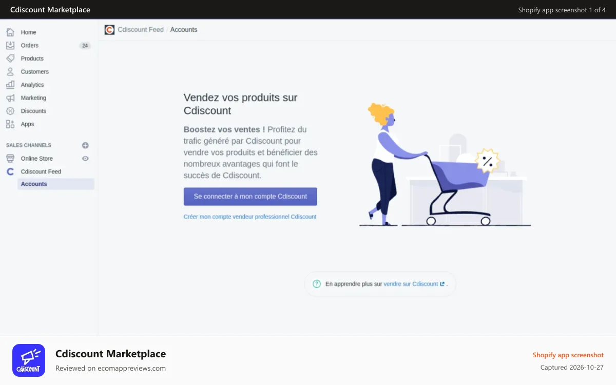 Cdiscount Marketplace Shopify app screenshot: Cdiscount Seller account creation
