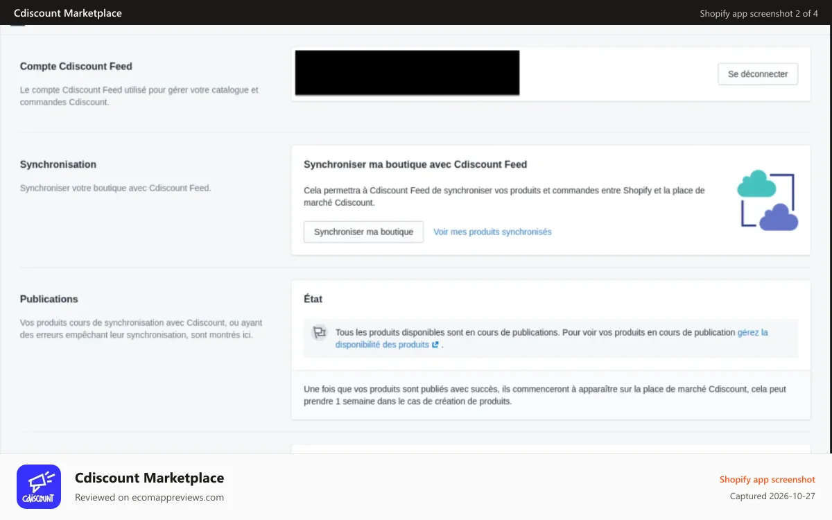 Cdiscount Marketplace Shopify app screenshot: Account management