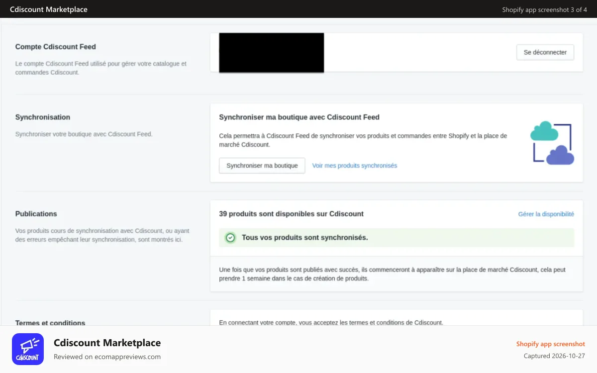 Cdiscount Marketplace Shopify app screenshot: Catalog synchronization