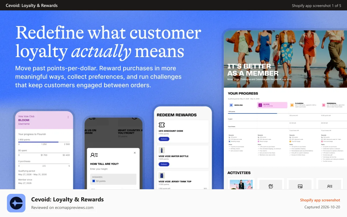 Cevoid: Loyalty & Rewards Shopify app screenshot: Loyalty that goes beyond the traditional points-per-dollar spent