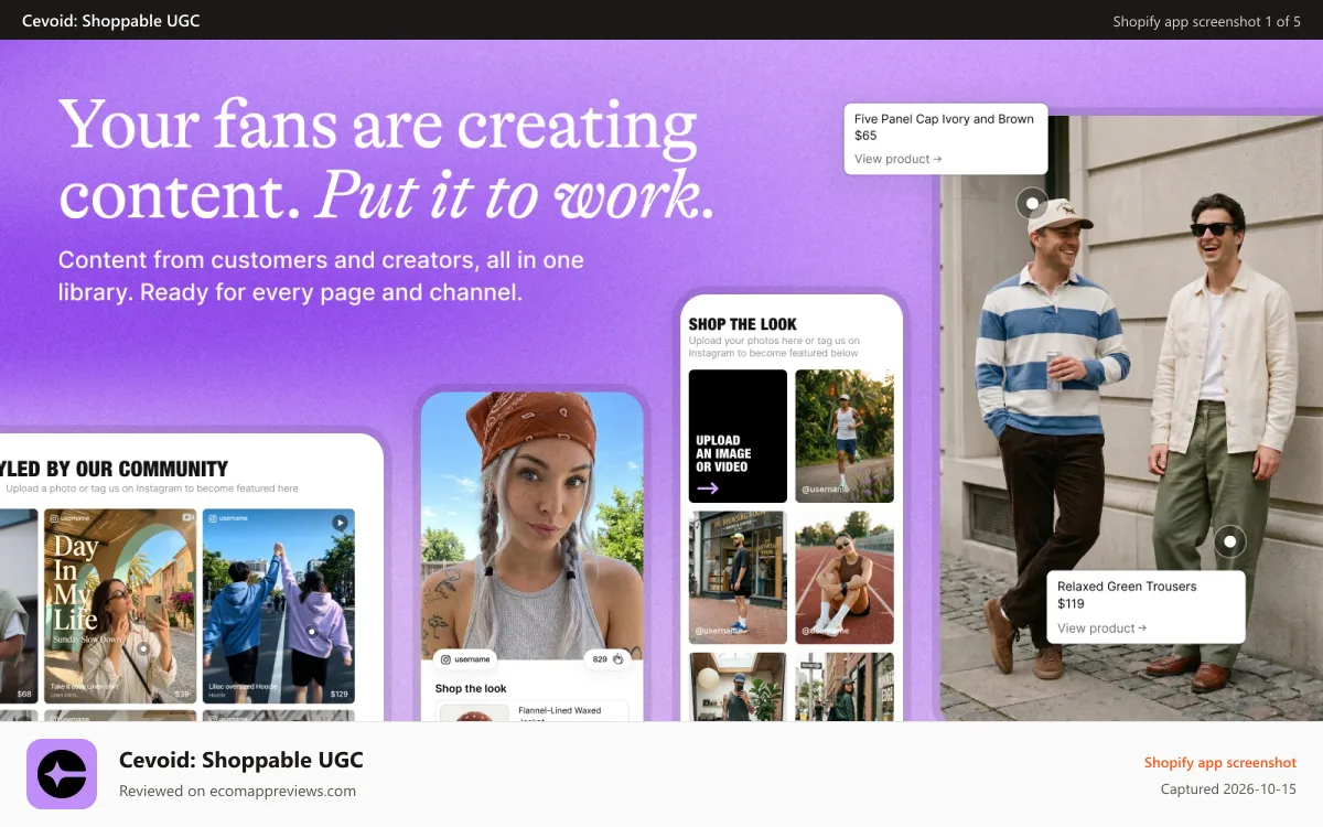 Cevoid: Shoppable UGC Shopify app screenshot: UGC videos and images from customers and creators for your site