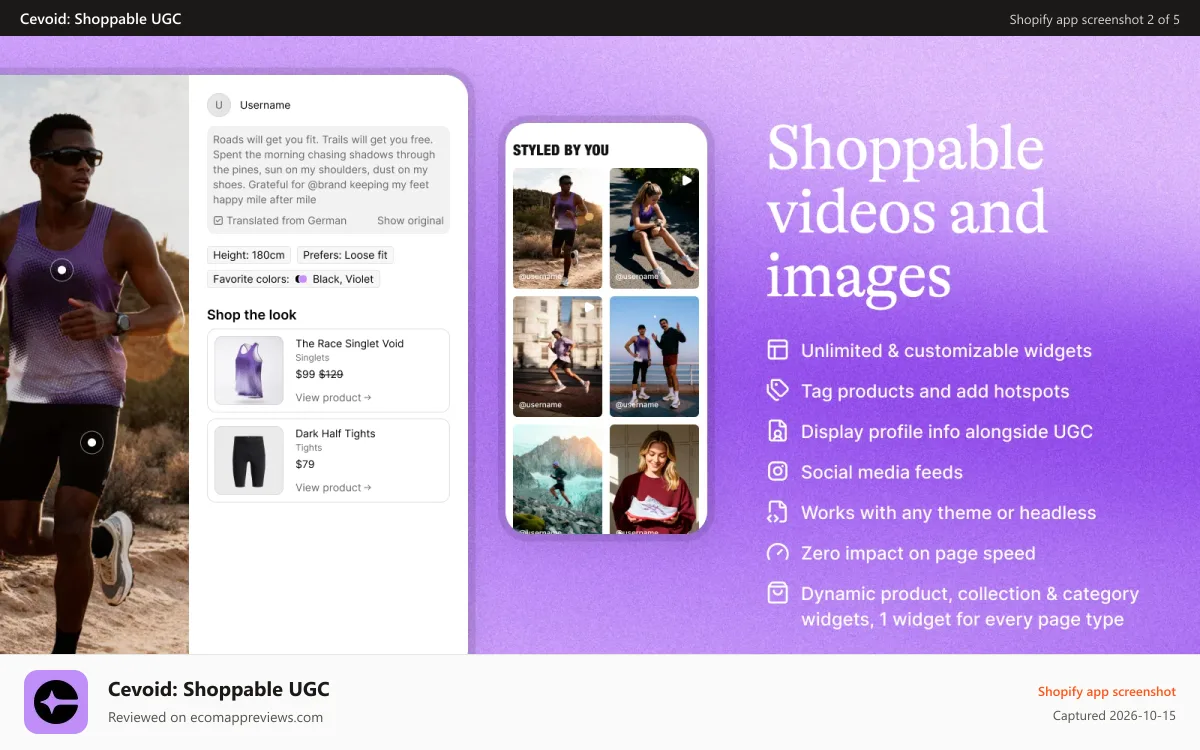 Cevoid: Shoppable UGC Shopify app screenshot: Shoppable UGC, videos and images with product tags and hotspots