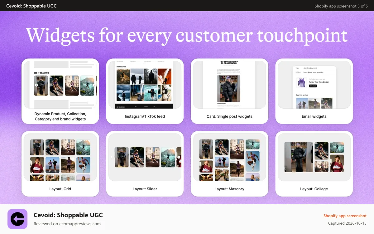 Cevoid: Shoppable UGC Shopify app screenshot: Widgets for every customer touchpoint, on-site, emails and ads
