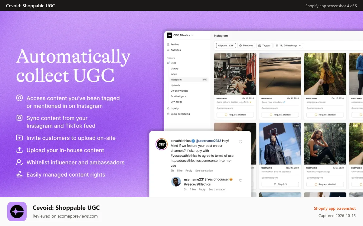 Cevoid: Shoppable UGC Shopify app screenshot: Automatically collect UGC from Instagram or enable direct upload