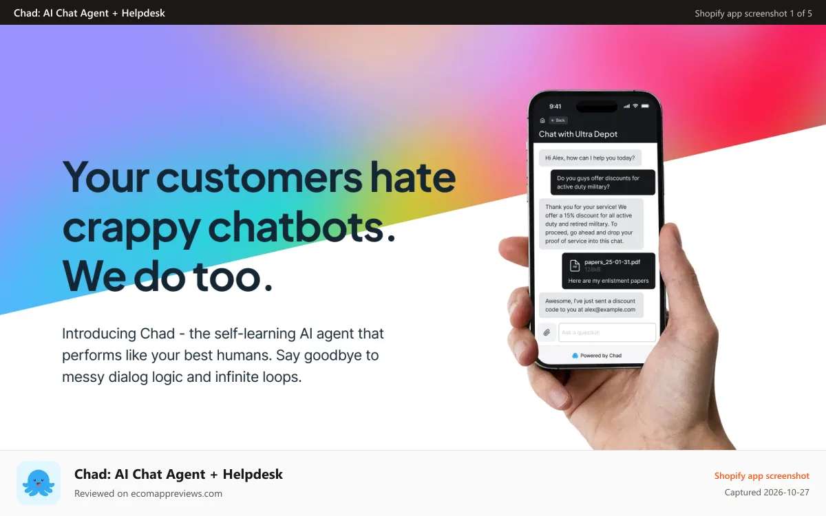 Chad: AI Chat Agent + Helpdesk Shopify app screenshot: Chad - epically automated customer support