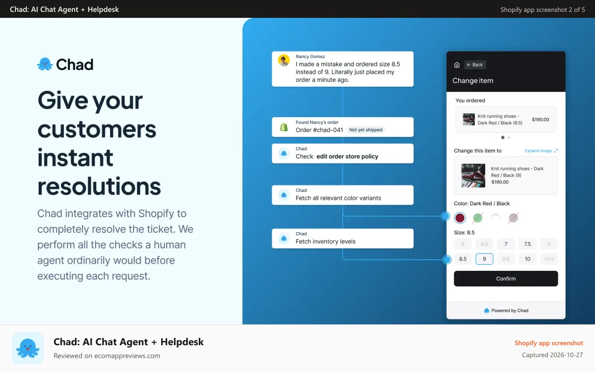 Chad: AI Chat Agent + Helpdesk Shopify app screenshot: Our AI + deep integrations give your customers instant solutions
