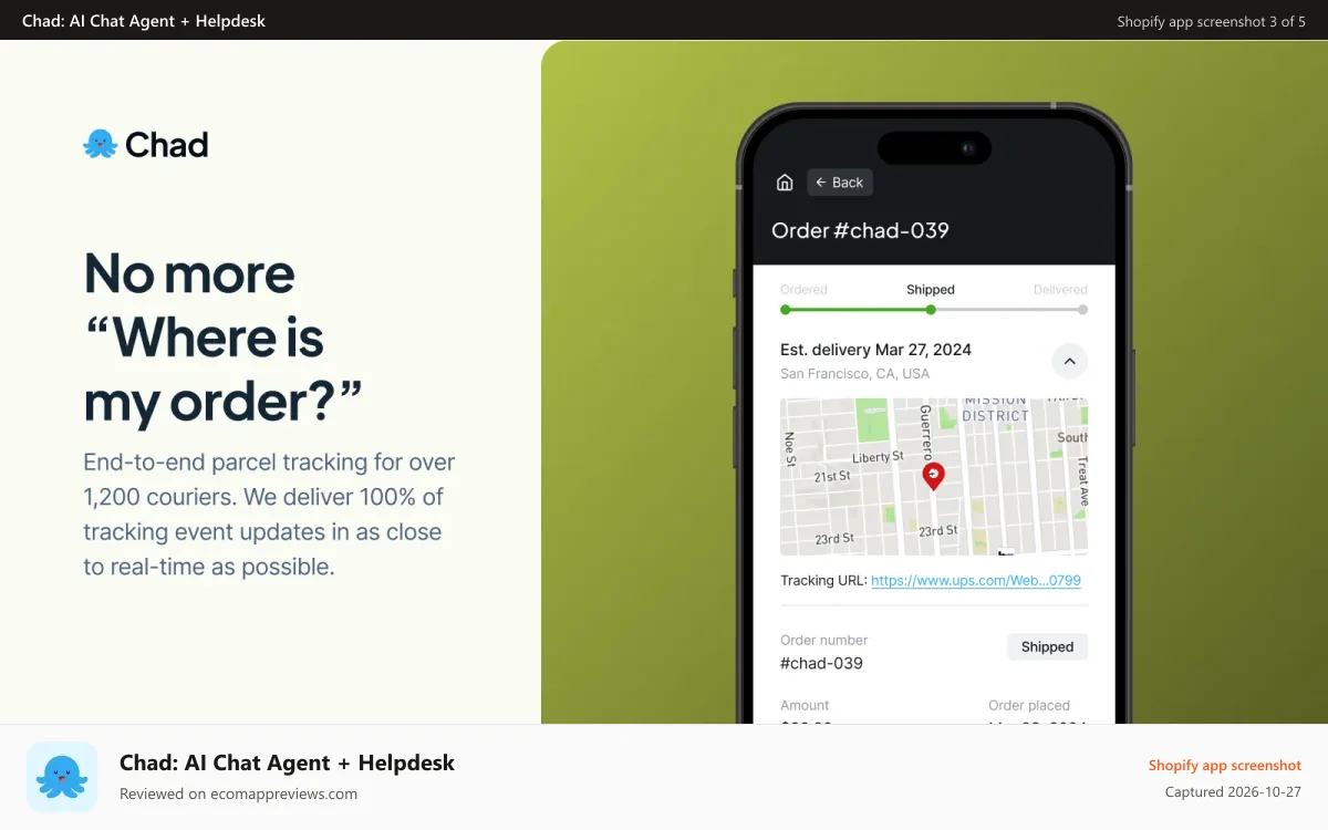 Chad: AI Chat Agent + Helpdesk Shopify app screenshot: The Chad app includes free order shipment tracking