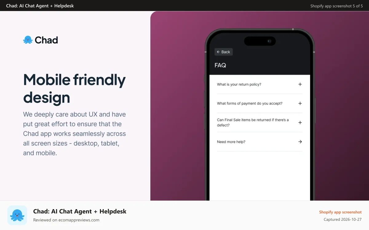 Chad: AI Chat Agent + Helpdesk Shopify app screenshot: Responsive designs that work on desktop, tablets, and mobile