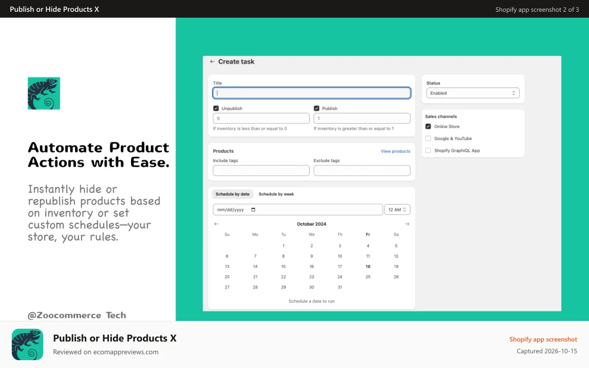 Publish or Hide Products X Shopify app screenshot: Easily Schedule and Automate Product Actions with Smart Tasks