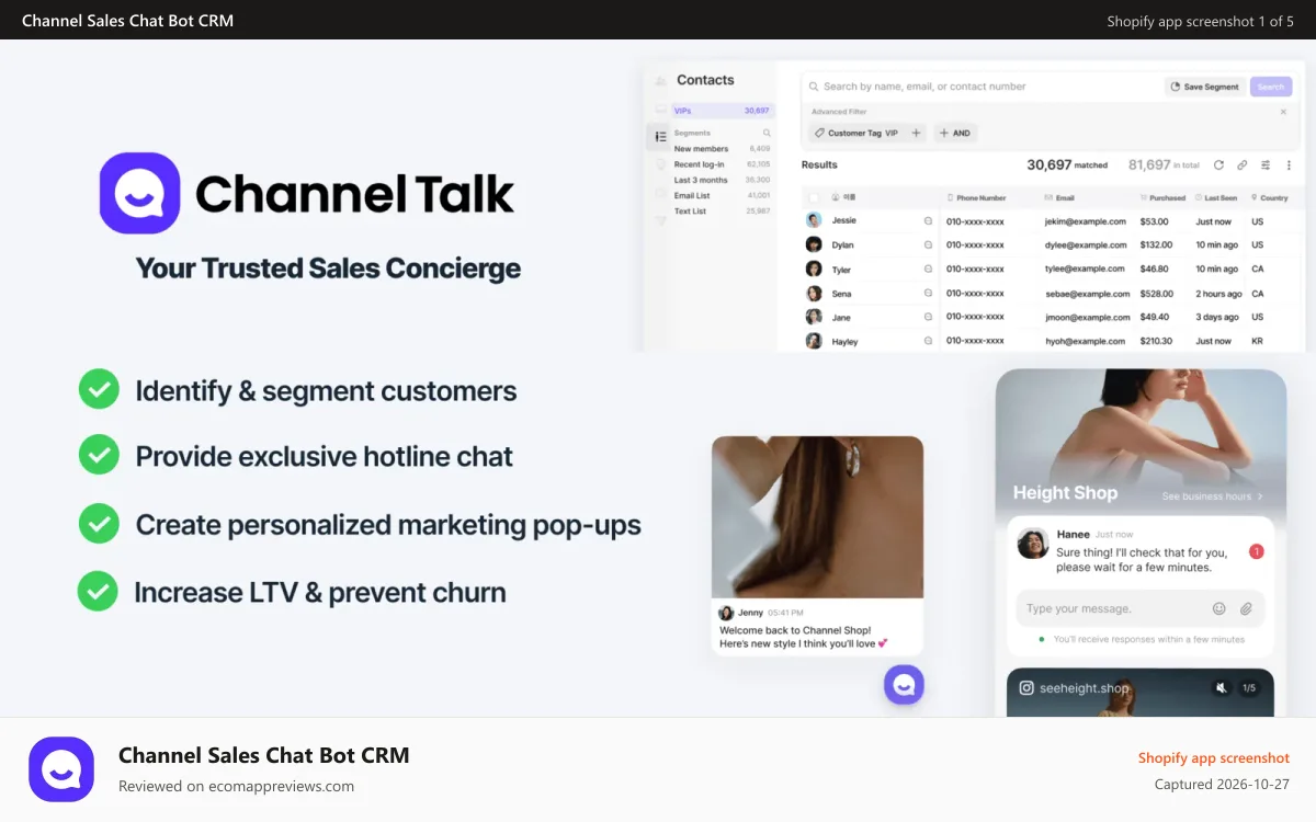 Channel Sales Chat Bot CRM Shopify app screenshot: Channel Talk - Your First Sales Concierge