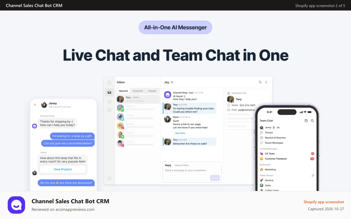 Channel Sales Chat Bot CRM Shopify app screenshot: Talk to Your Customers and Team All in One Place