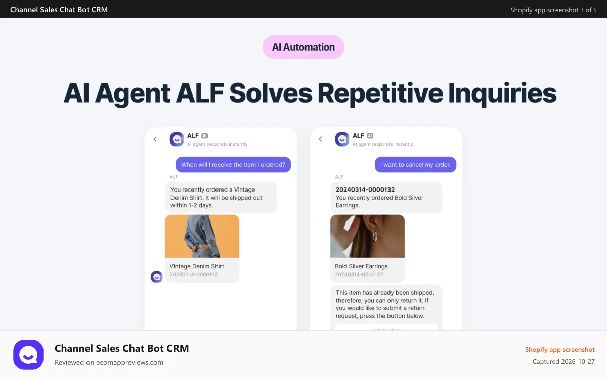 Channel Sales Chat Bot CRM Shopify app screenshot: Resolve Reputation with AI Agent, ALF