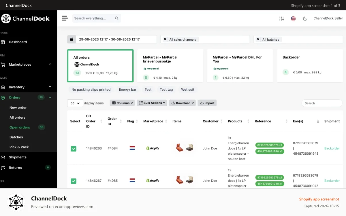 ChannelDock Shopify app screenshot: multi channel order overview