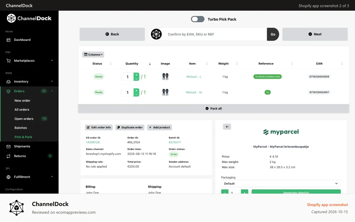 ChannelDock Shopify app screenshot: pick pack barcode scanner order processing software