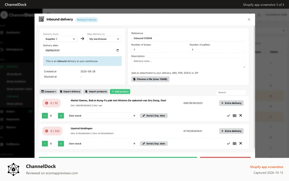 ChannelDock Shopify app screenshot: warehouse management inbound supplier purchase order