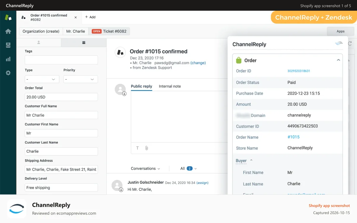ChannelReply Shopify app screenshot: Shopify messaging in Zendesk with ChannelReply