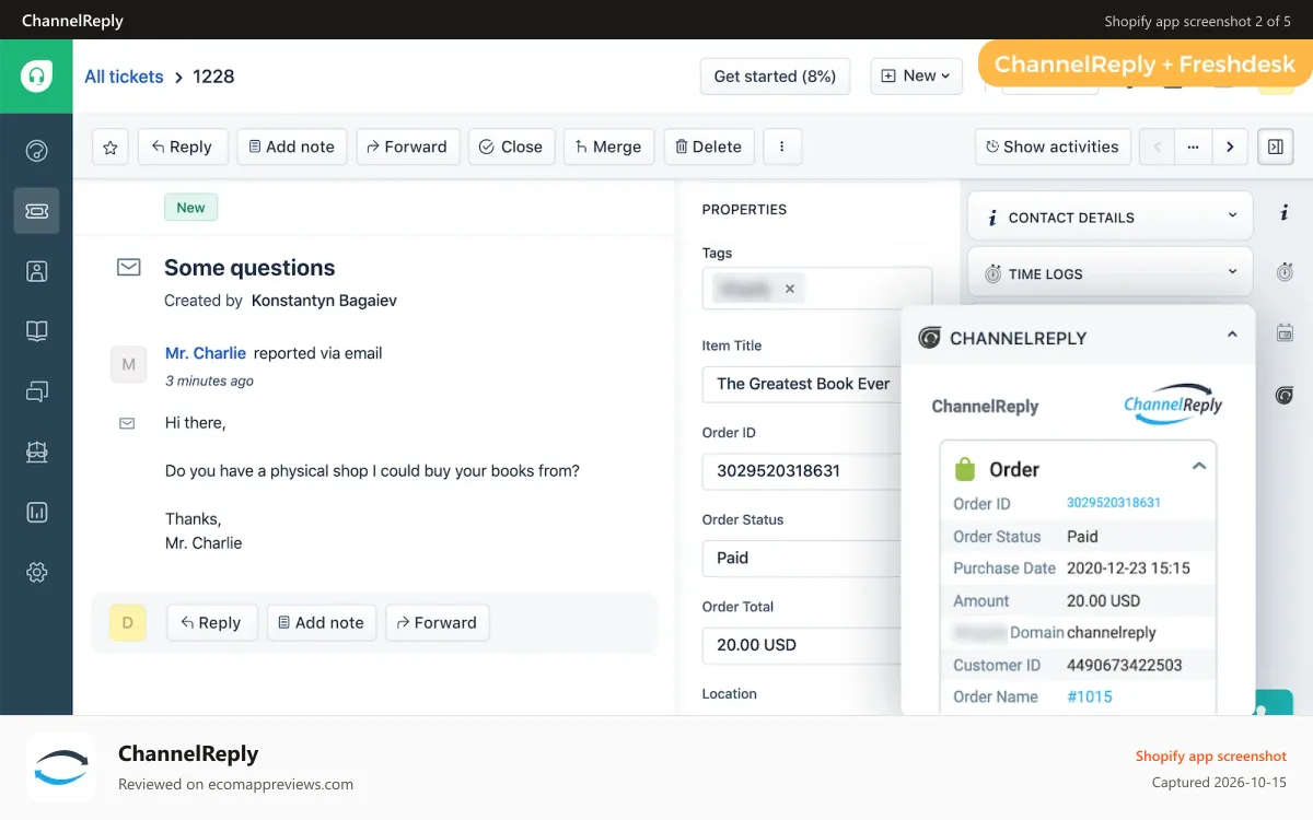 ChannelReply Shopify app screenshot: Shopify messaging in Freshdesk with ChannelReply