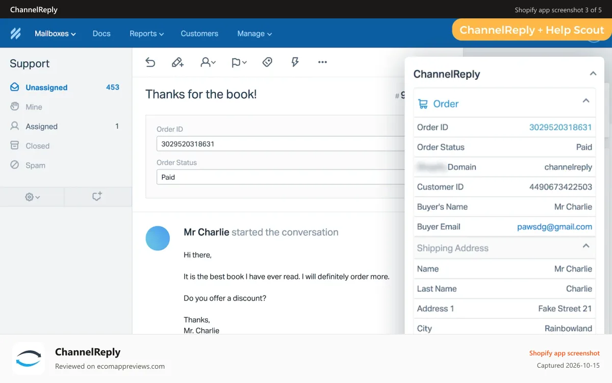 ChannelReply Shopify app screenshot: ChannelReply displaying Shopify data in Help Scout