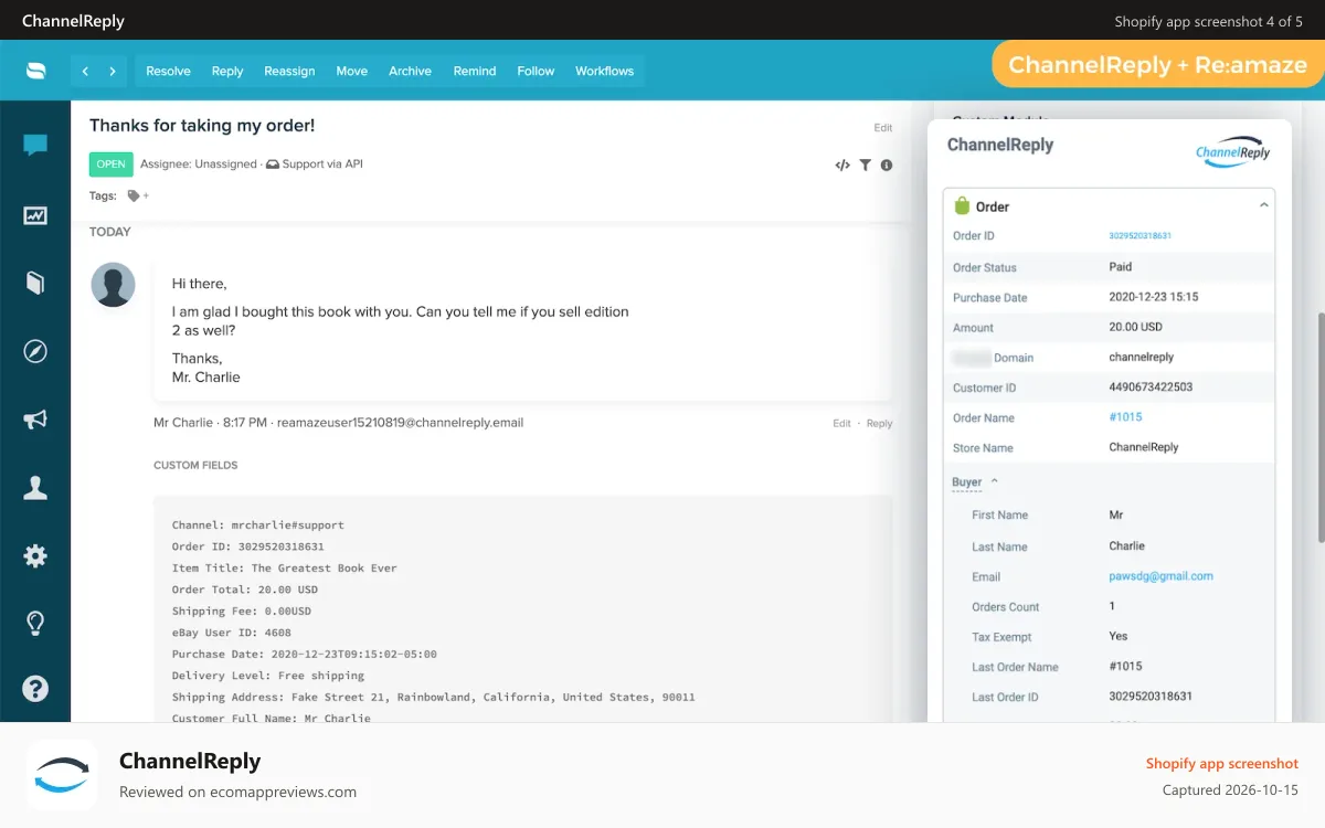 ChannelReply Shopify app screenshot: ChannelReply's Re:amaze-Shopify integration in action