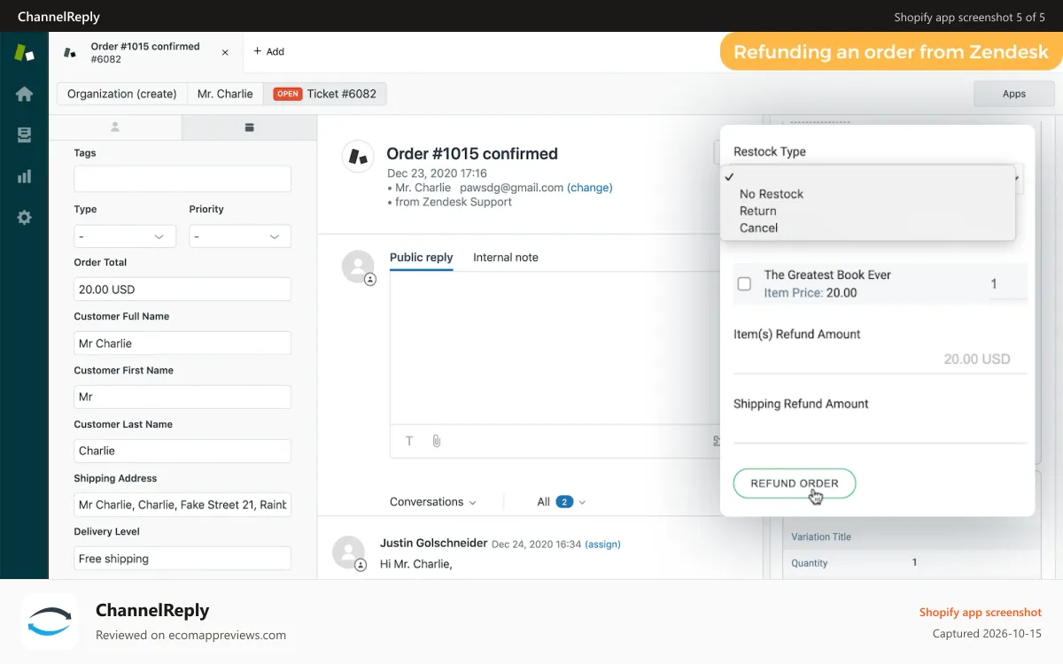 ChannelReply Shopify app screenshot: Refunding a Shopify order from Zendesk using ChannelReply