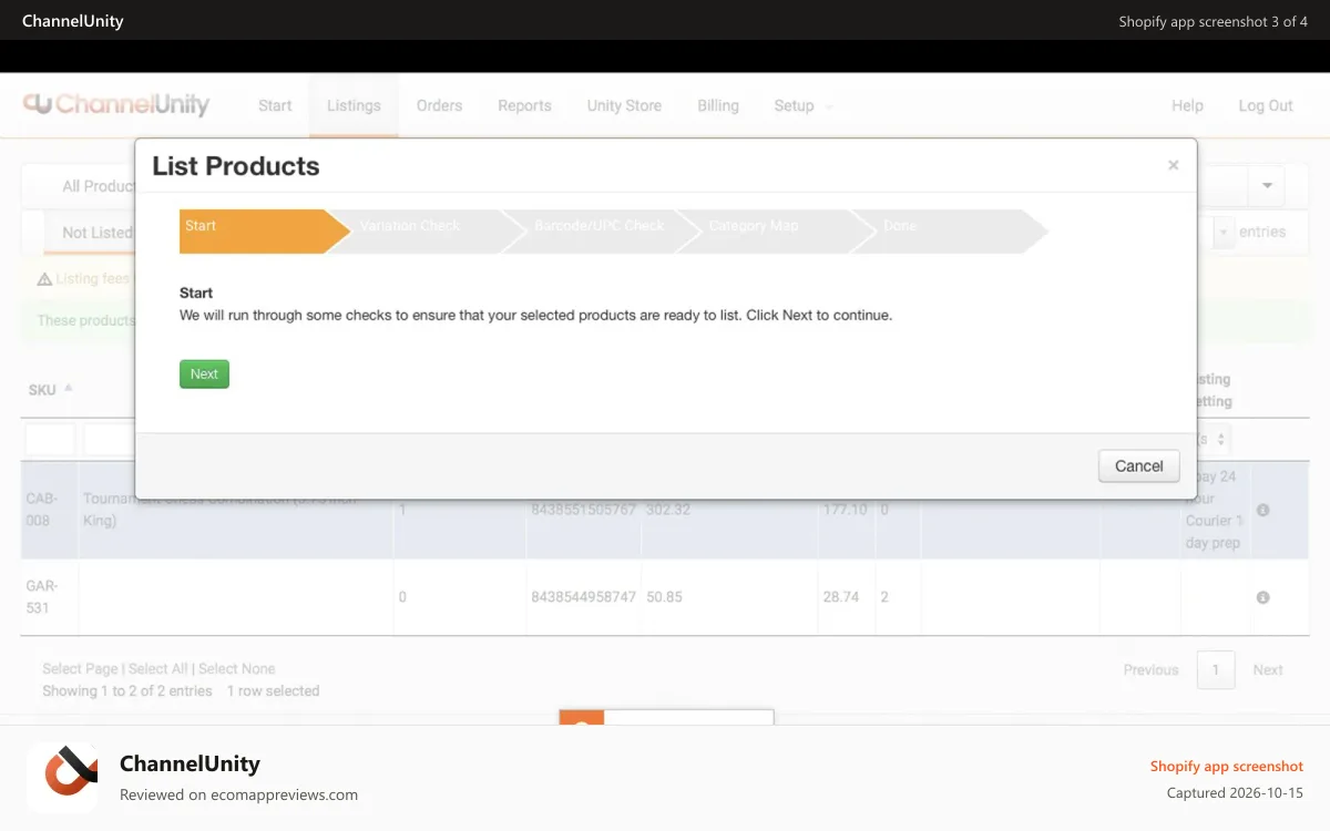 ChannelUnity Shopify app screenshot: Product integration upload process.