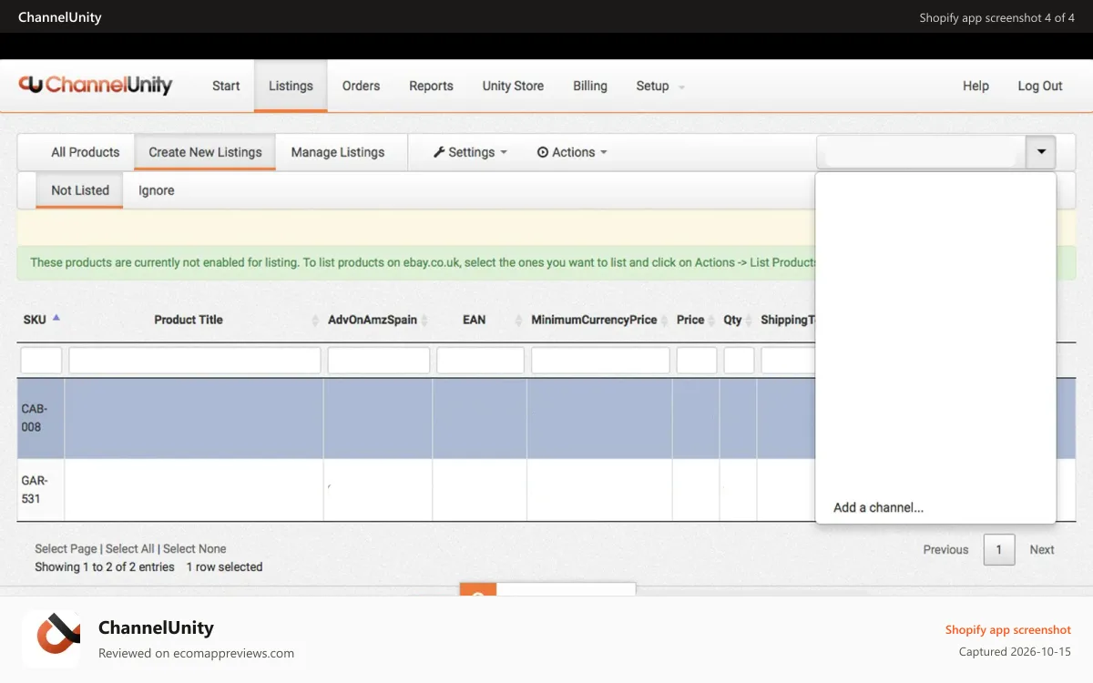 ChannelUnity Shopify app screenshot: Product listings page.