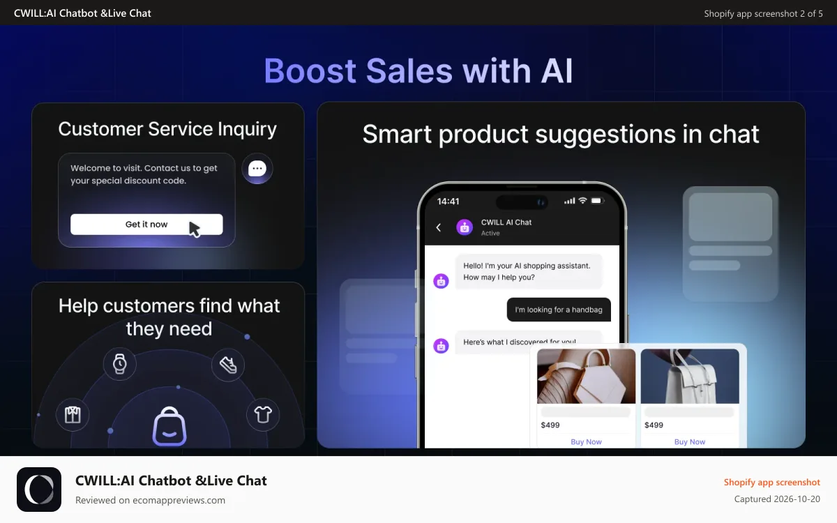 CWILL:AI Chatbot &Live Chat Shopify app screenshot: Boost Sales with AI