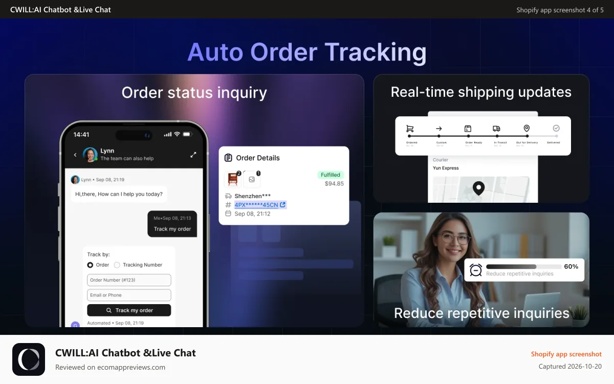CWILL:AI Chatbot &Live Chat Shopify app screenshot: Auto Order Tracking