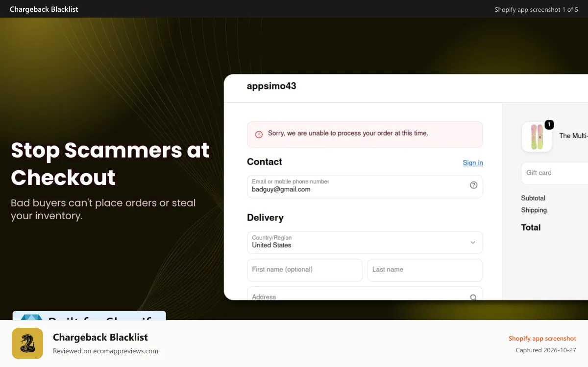 Chargeback Blacklist Shopify app screenshot: Hero / Main Benefit
