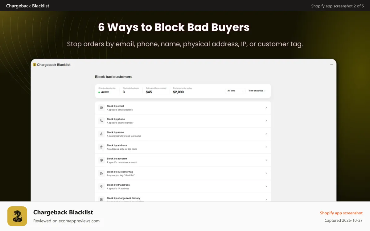 Chargeback Blacklist Shopify app screenshot: Rules & Settings