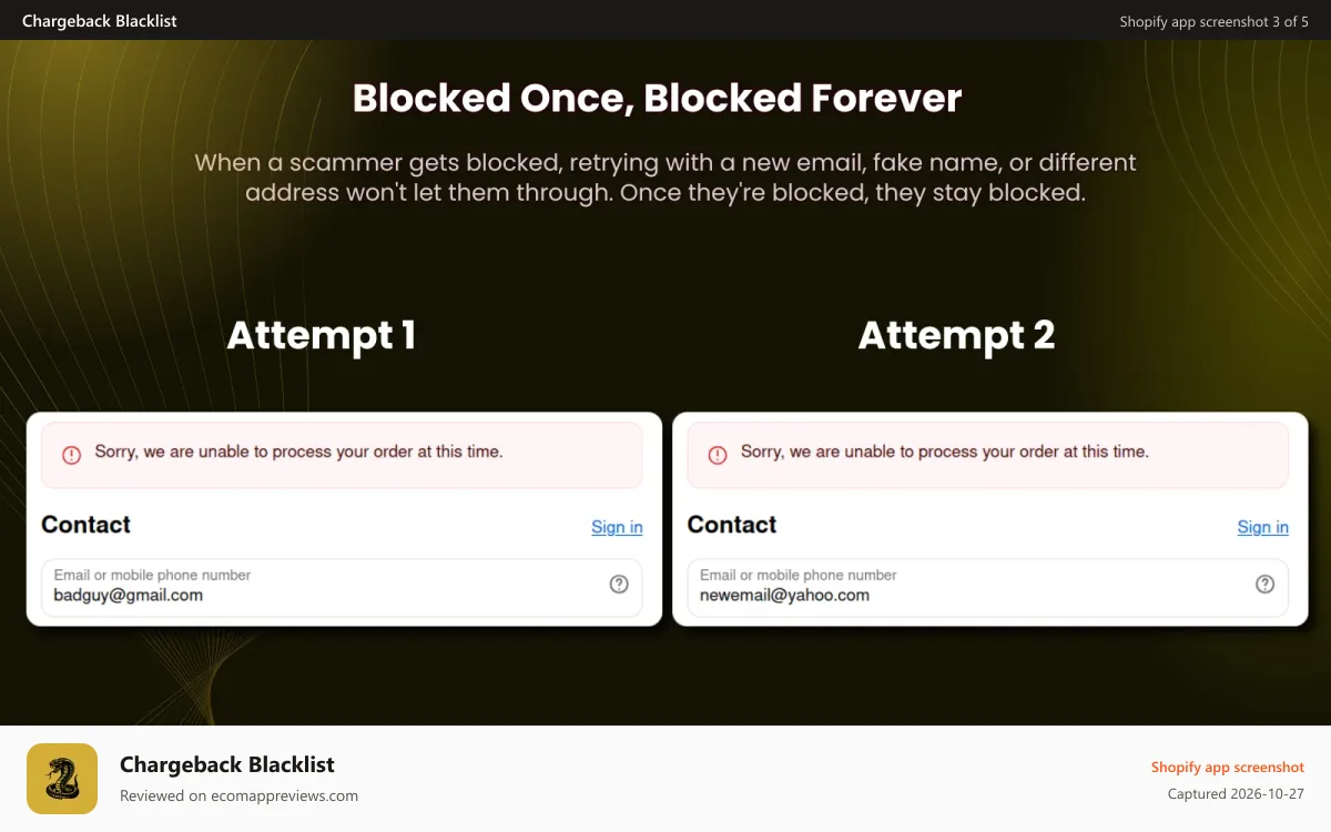 Chargeback Blacklist Shopify app screenshot: Block repeated chargebackers