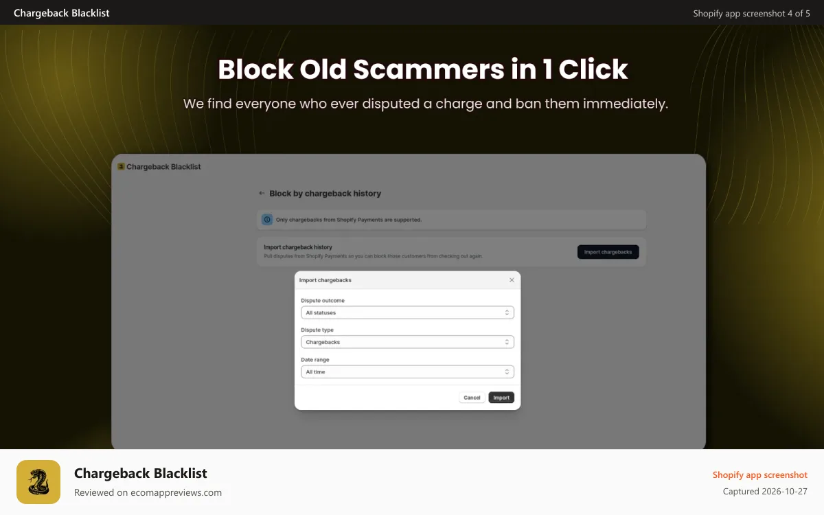 Chargeback Blacklist Shopify app screenshot: Block past chargebackers