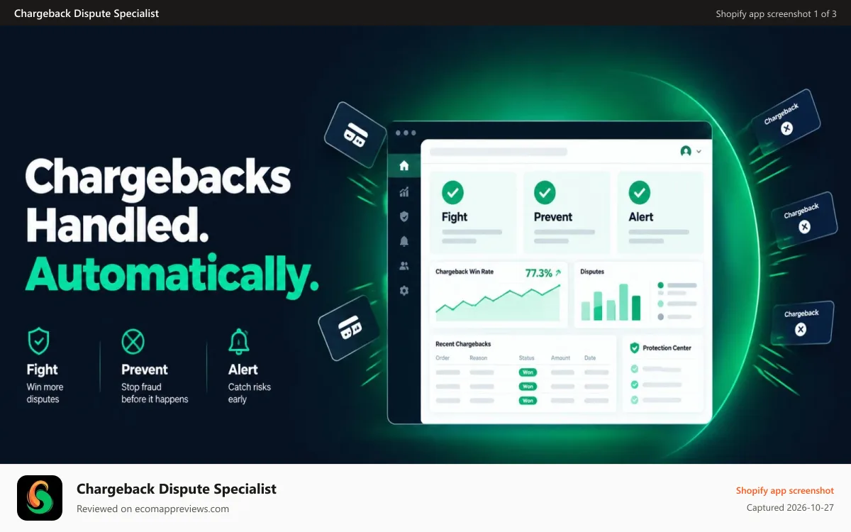 Chargeback Dispute Specialist Shopify app screenshot: Chargeback Automation