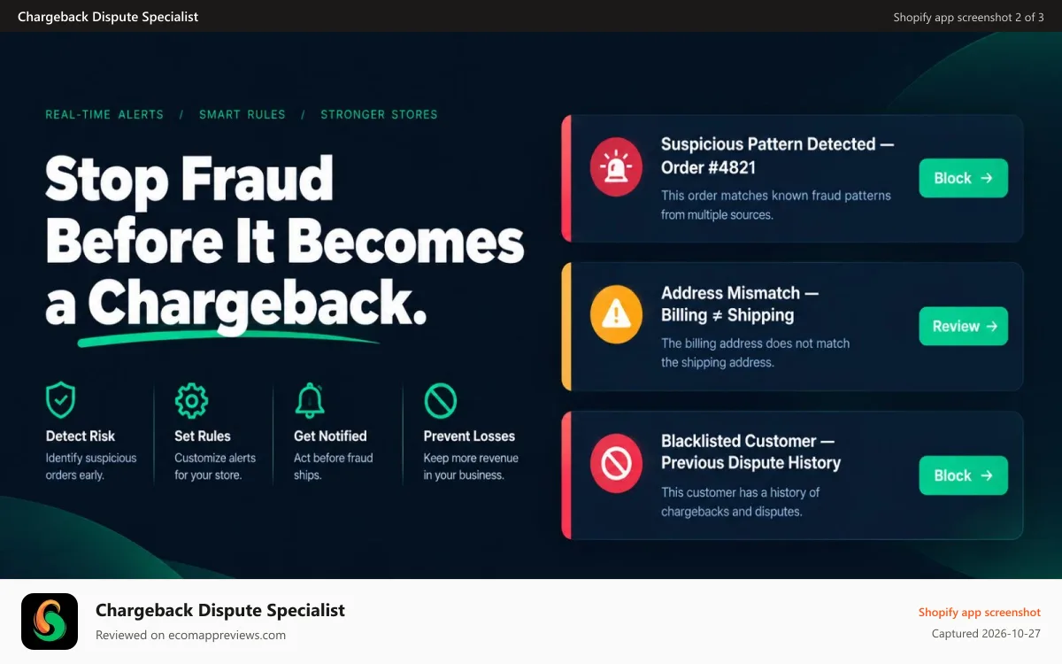 Chargeback Dispute Specialist Shopify app screenshot: Chargeback Prevention