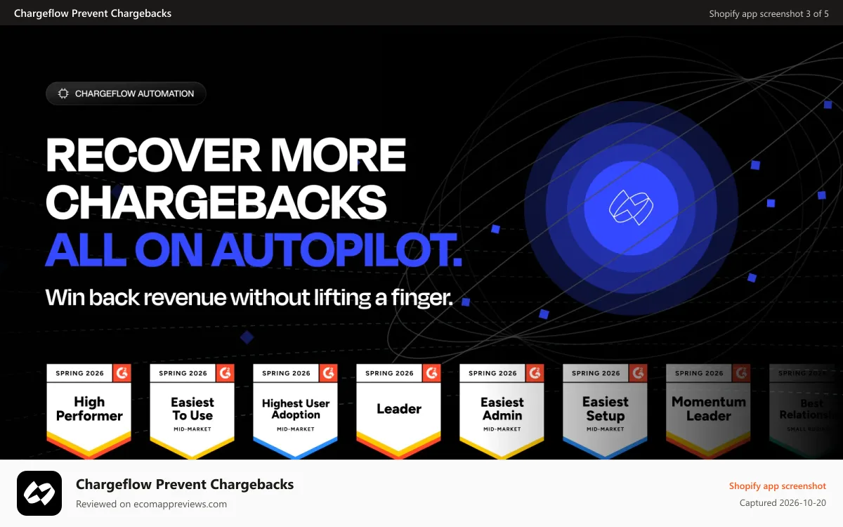 Chargeflow Prevent Chargebacks Shopify app screenshot: Chargeflow Automation: Science-based chargeback evidence