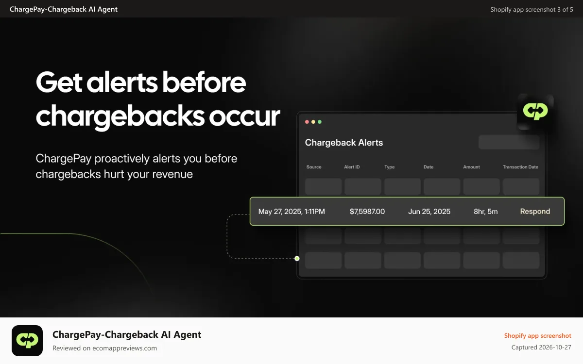 ChargePay‑Chargeback AI Agent Shopify app screenshot: Improve Chargeback win rate with ChargePay AI automation agents