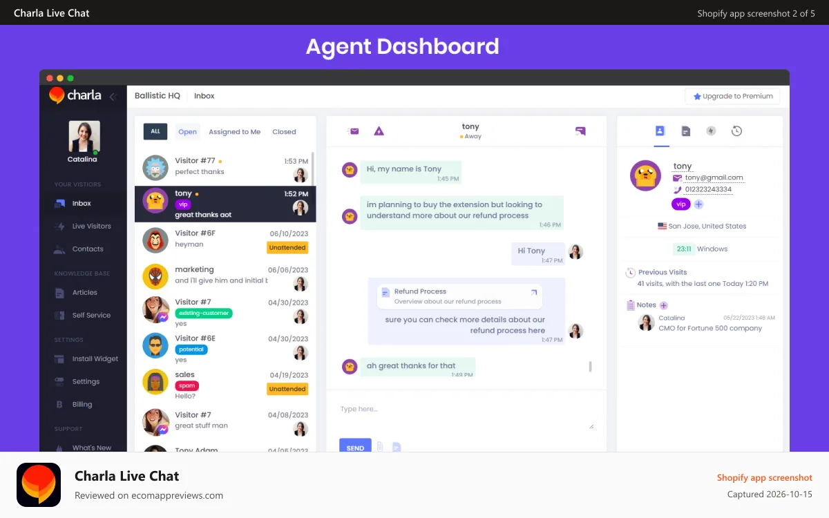 Charla Live Chat Shopify app screenshot: Agent Dashboard