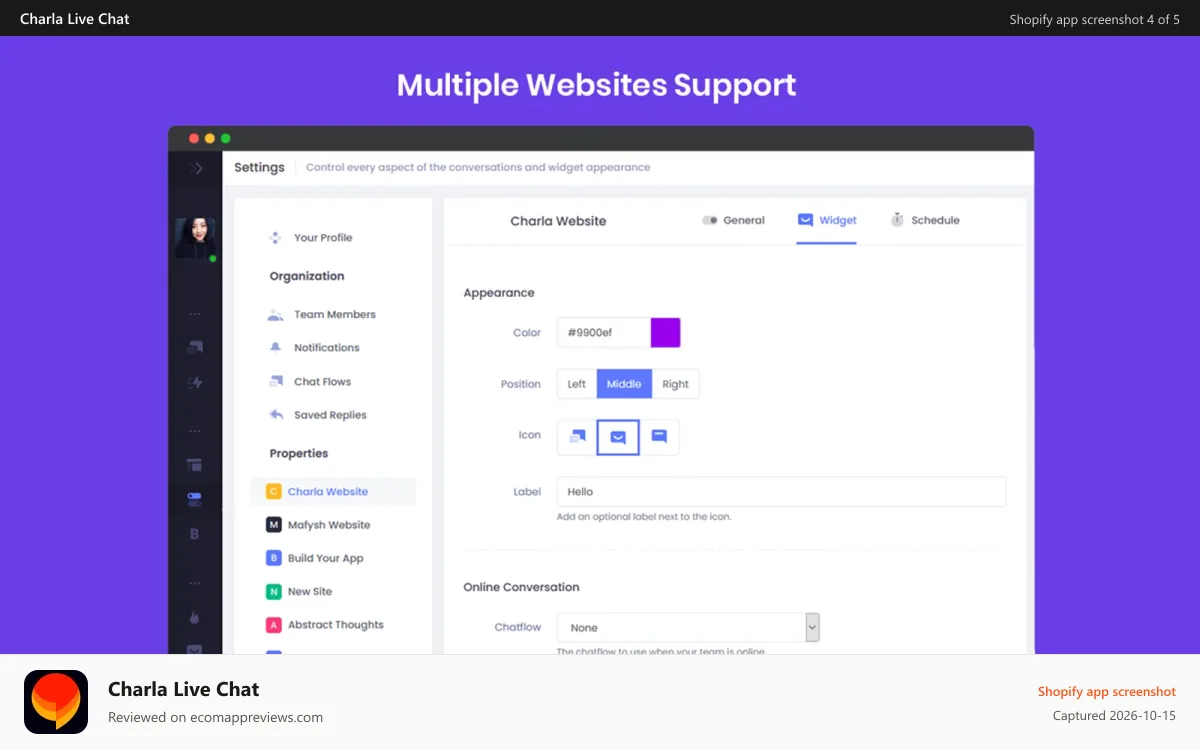 Charla Live Chat Shopify app screenshot: Site & Widget Customization