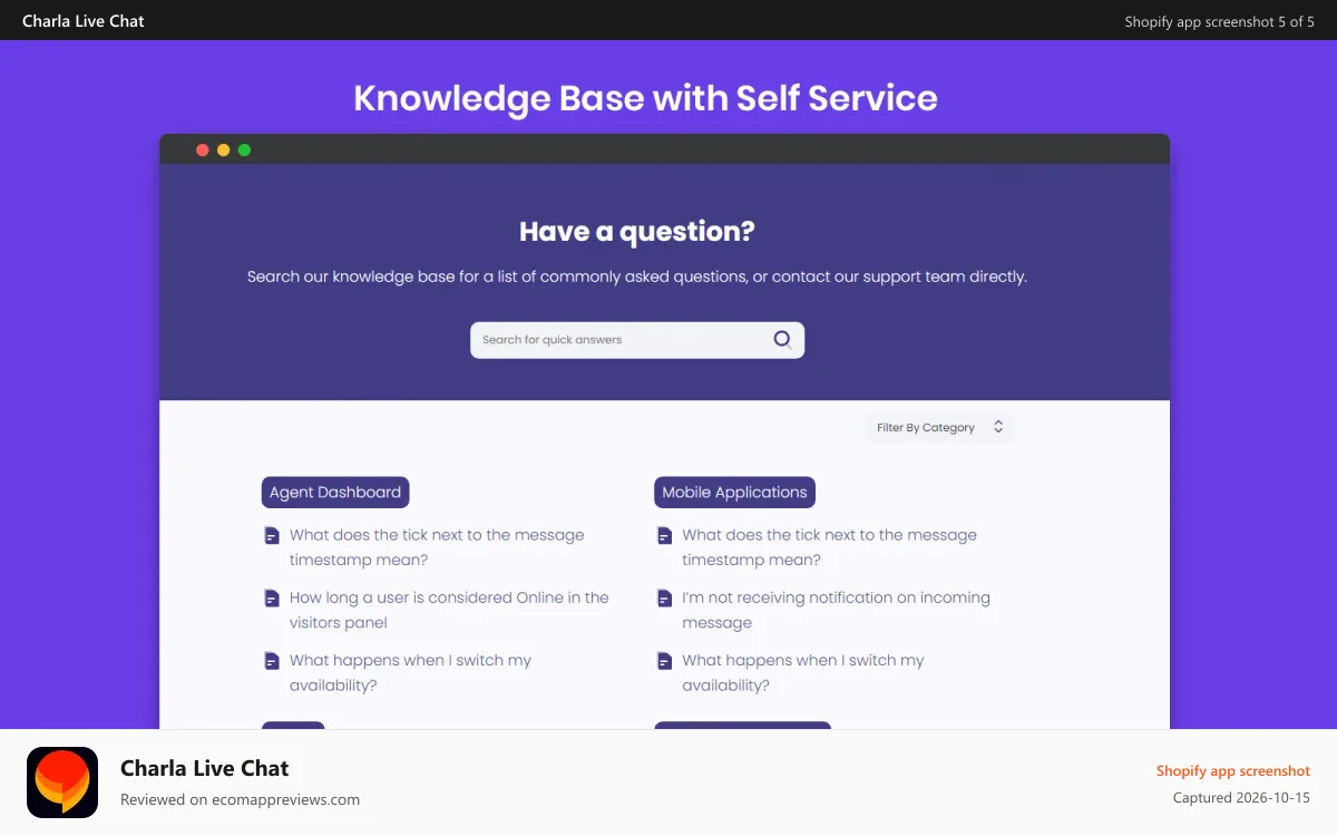 Charla Live Chat Shopify app screenshot: Knowledge Base