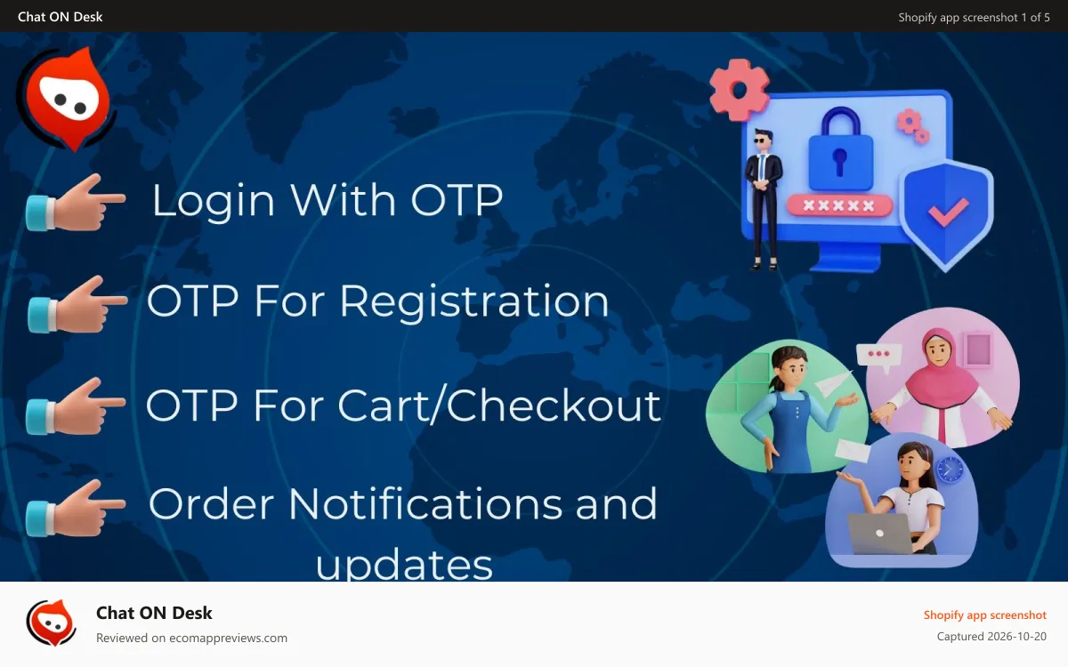 Chat ON Desk Shopify app screenshot: Login With Whatsapp, Order Notify